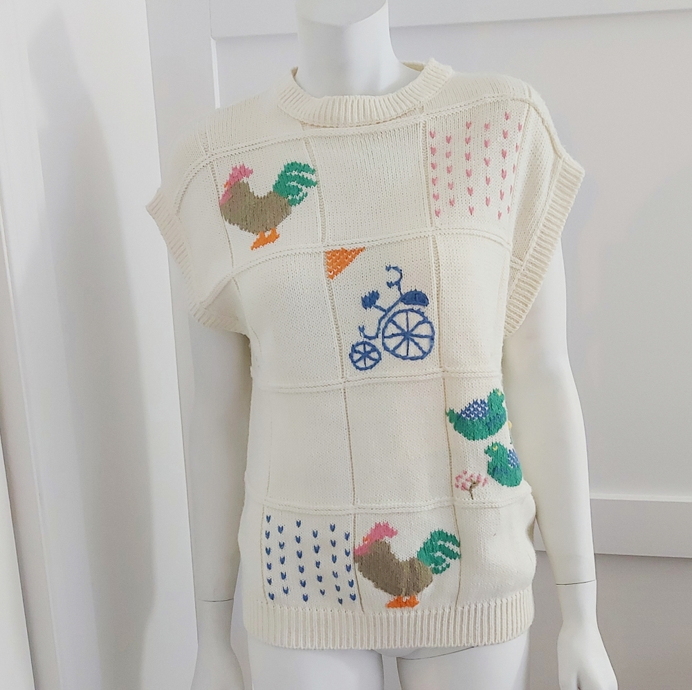 Vintage Cream Sweater with Colorful Patterns